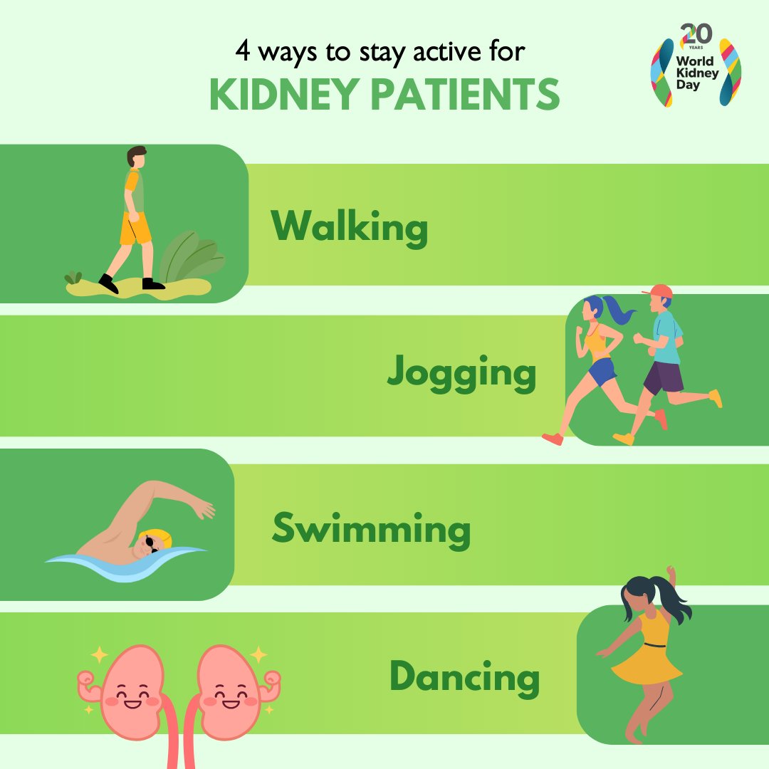 worldkidneyday's tweet image. If you suffer from a chronic illness, it's important to consult your doctor before you start exercising, to determine the type of activity that's right for your age and physical condition.

#KeepFit is one of the 8 golden rules for #KidneyDisease prevention. 

Discover more: