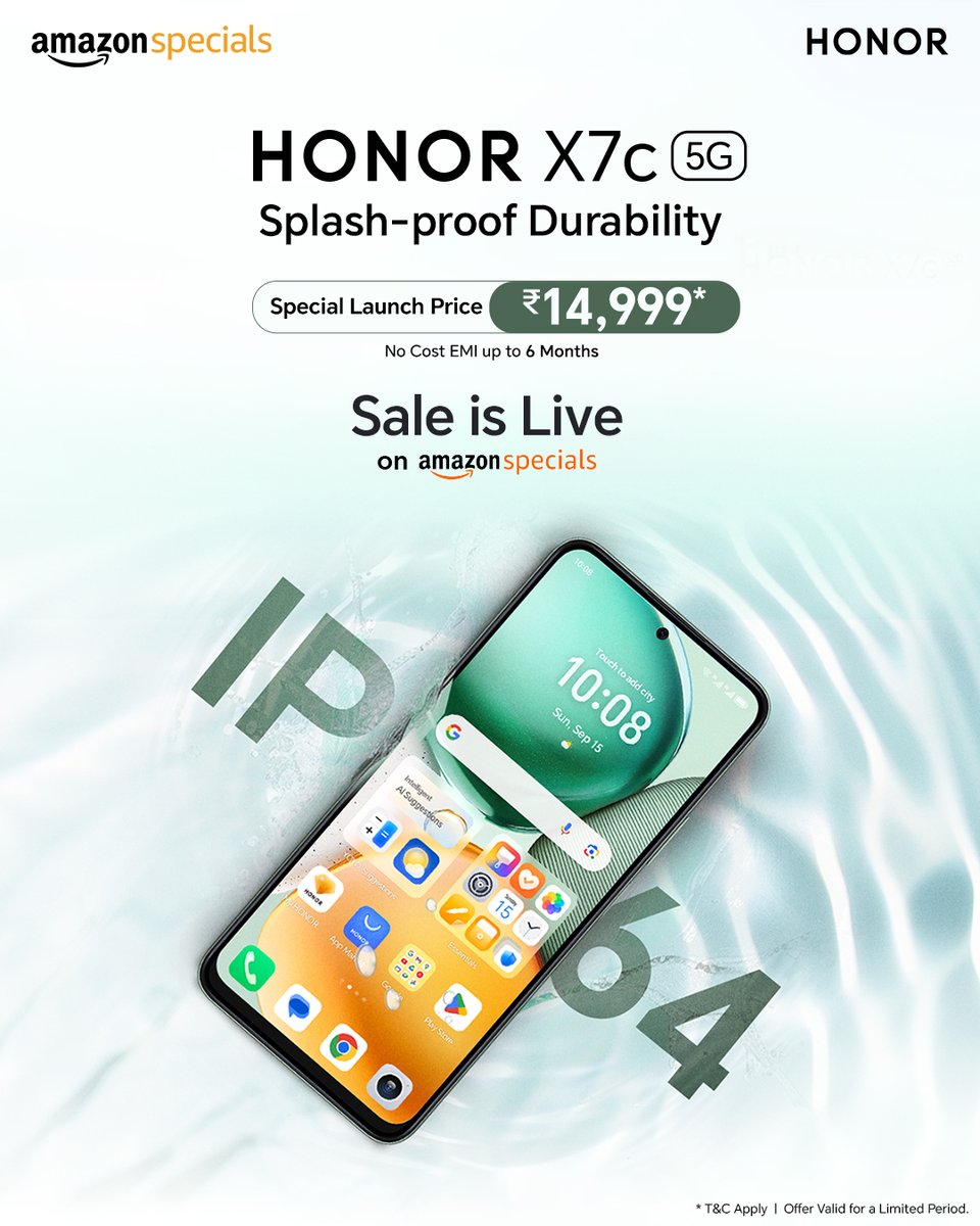 HiHonorIndia's tweet image. Worried about sudden rain ruining your phone? Relax. With its IP64 splash-proof durability, the HONOR X7C 5G is built to withstand life's little surprises.

➡️amazon.in/dp/B0FLJJW3QB

#SplashProof #IP64Rating #HONORX7C5G  #Amazonspecials