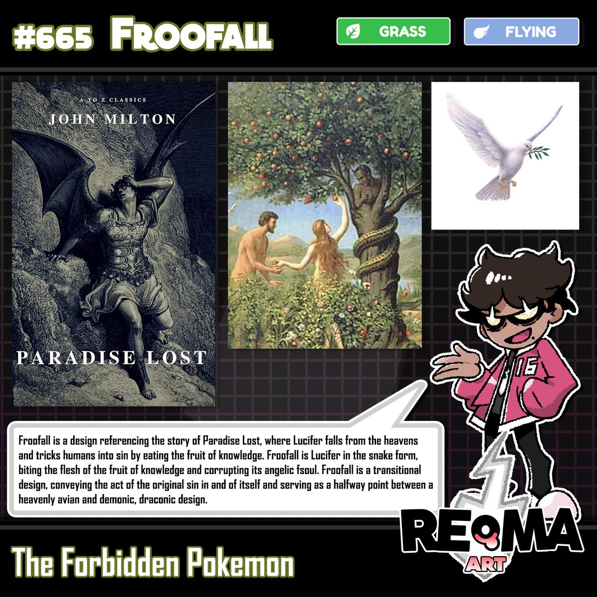 I was invited back on the Truegreen7 channel to design VILLAINS and their ace Pokemon! Here's his ace, Froofall: the Pear Bird Pokemon. Based on doves and the fruit from the tree of knowledge. #fakemon