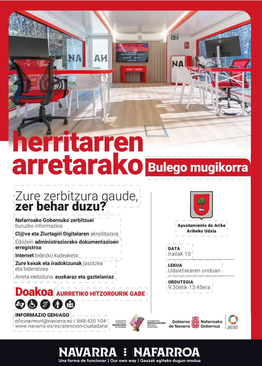 La #OficinaMóvil de atención ciudadana de <a href="/gob_na/">Gobierno de Navarra</a> atenderá en <a href="/aribe_aezkoa/">Aribe</a> el 10 de septiembre 

Nafarroako Gobernuko herritarren arretarako #BulegoMugikorrak irailaren 10ean artatuko du

⬇️⬇️⬇️