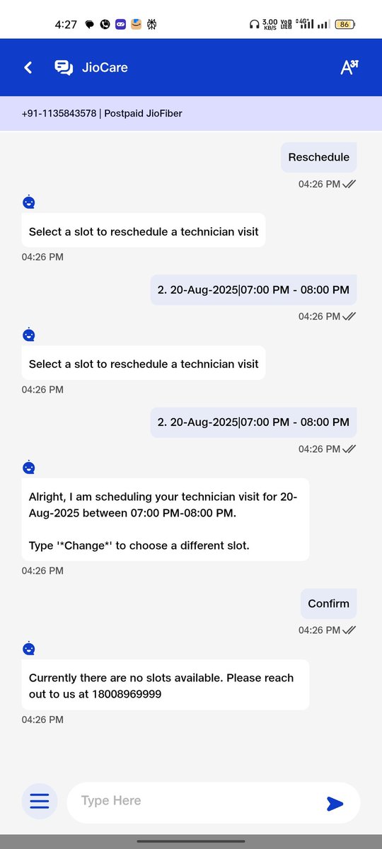 Amitbro61's tweet photo. One of the worst services of  they are rescheduling my appointment of no internet from yesterday you can't even call them only bot is responding right now they replied with a text message that engineer will visit at 22:00 hours what a joke nobody works at 10pm #jiofiber @JioCare https://t.co/43MKQtF0ek