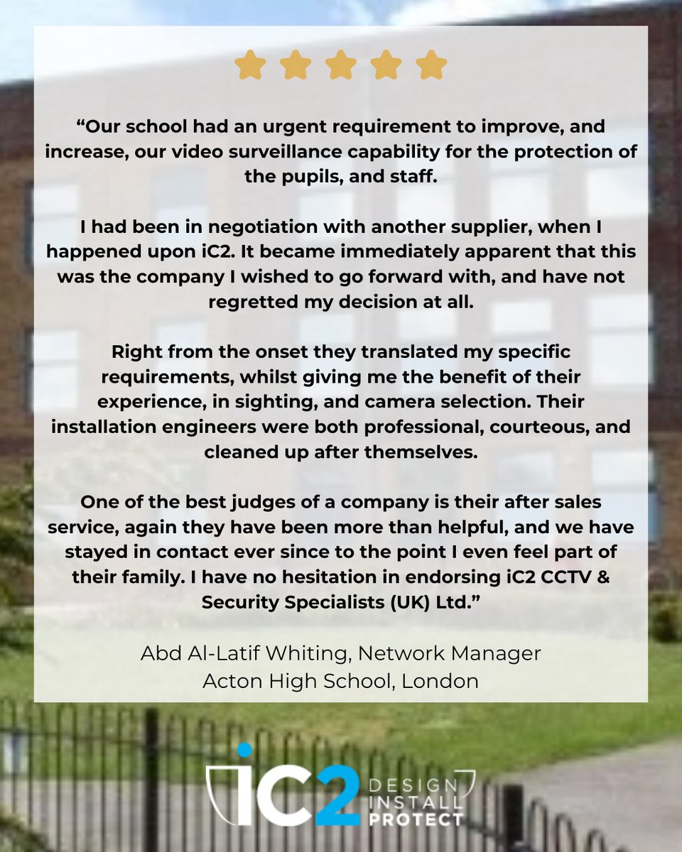 ic2_cctv's tweet photo. A massive thanks to the team at Acton High School for your kind words - feedback like this continues to play a vital role in helping us to provide the best possible services for our clients.

#SchoolSecurity #SchoolCCTV #IC2 #IC2cctv #Security #CCTV #RemoteAccess

@SIAuk https://t.co/wDS0DAR3yT