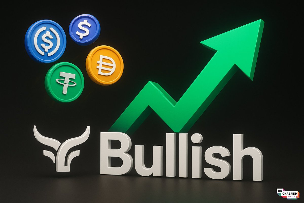 Bullish crypto market illustration with stablecoin icons and upward arrow from Unchained Daily
