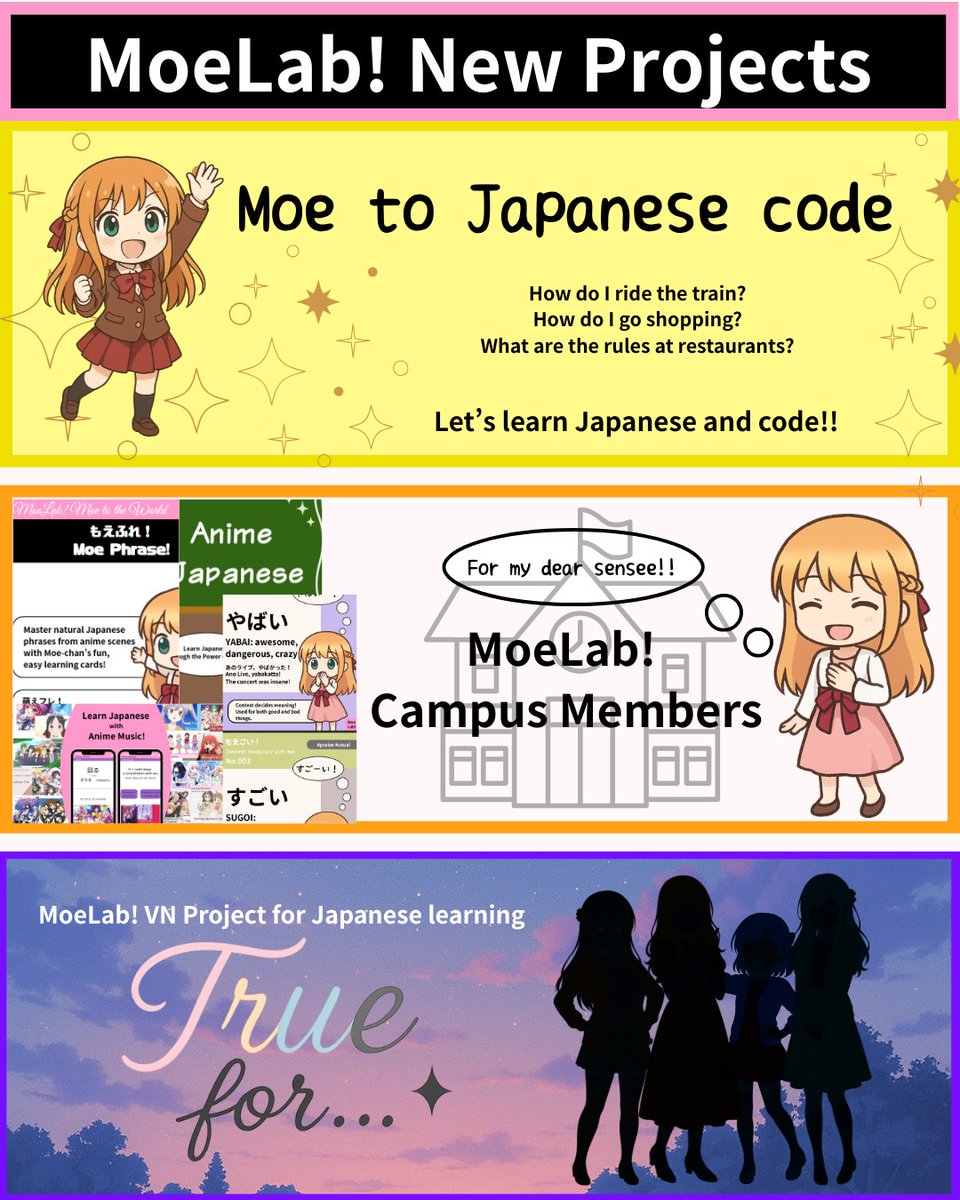 moe_moelab's tweet image. Hey, everyone! A new and exciting journey with Moe is about to begin! ✨

① Moe to Japanese code
② Campus Members
③ True for…

Let&apos;s have more fun with Japanese and Moe Lab! together with Moe! 🥰