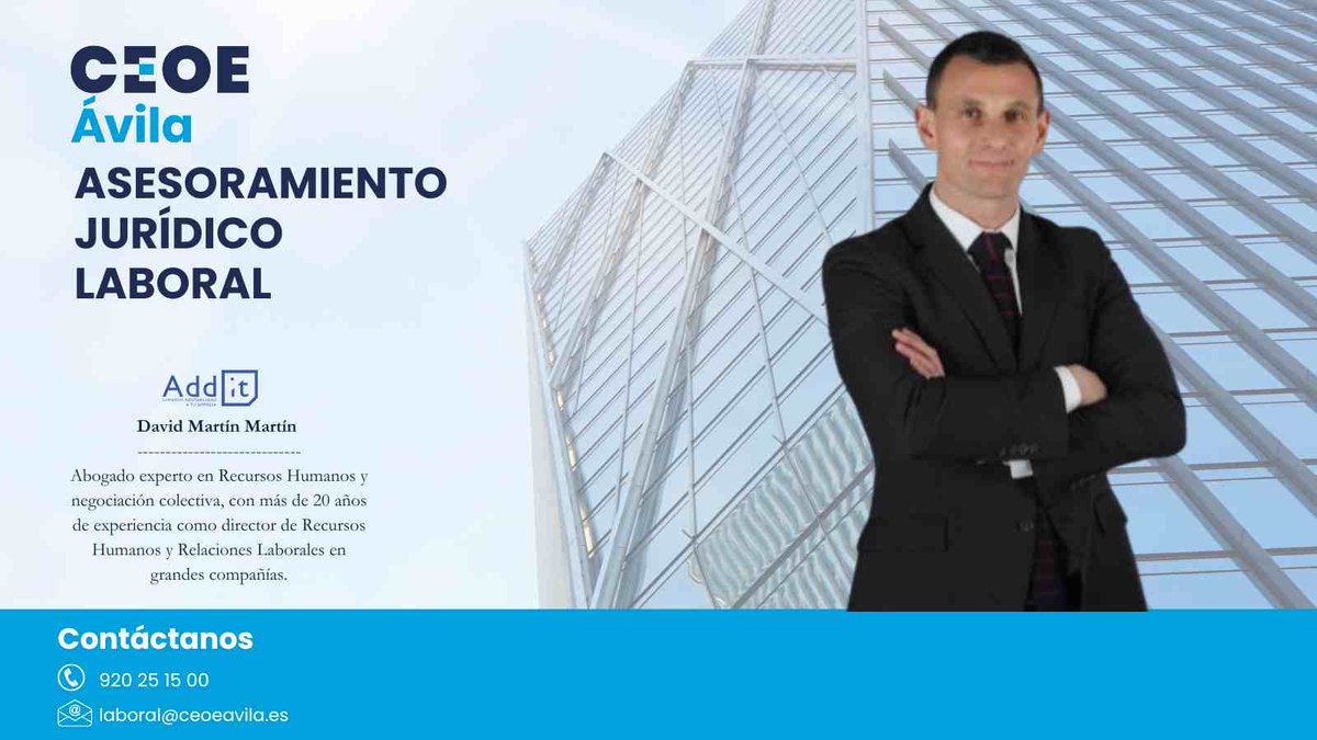 ☝️Si buscas #asesoramientolaboral para tu #empresa, tenemos el experto que necesitas

⚖️Con el abogado experto en Estrategia Laboral y #RRHH <a href="/davidmm_AV/">David Martín</a>, de <a href="/Addit_empresas/">Addit🌾</a>

📆Mañana, jueves 21 
⏰ 13 a 15 h
📍Sede CEOE Ávila (C/ Arévalo 1 Bajo) 

📩Cita en laboral@ceoeavila.es