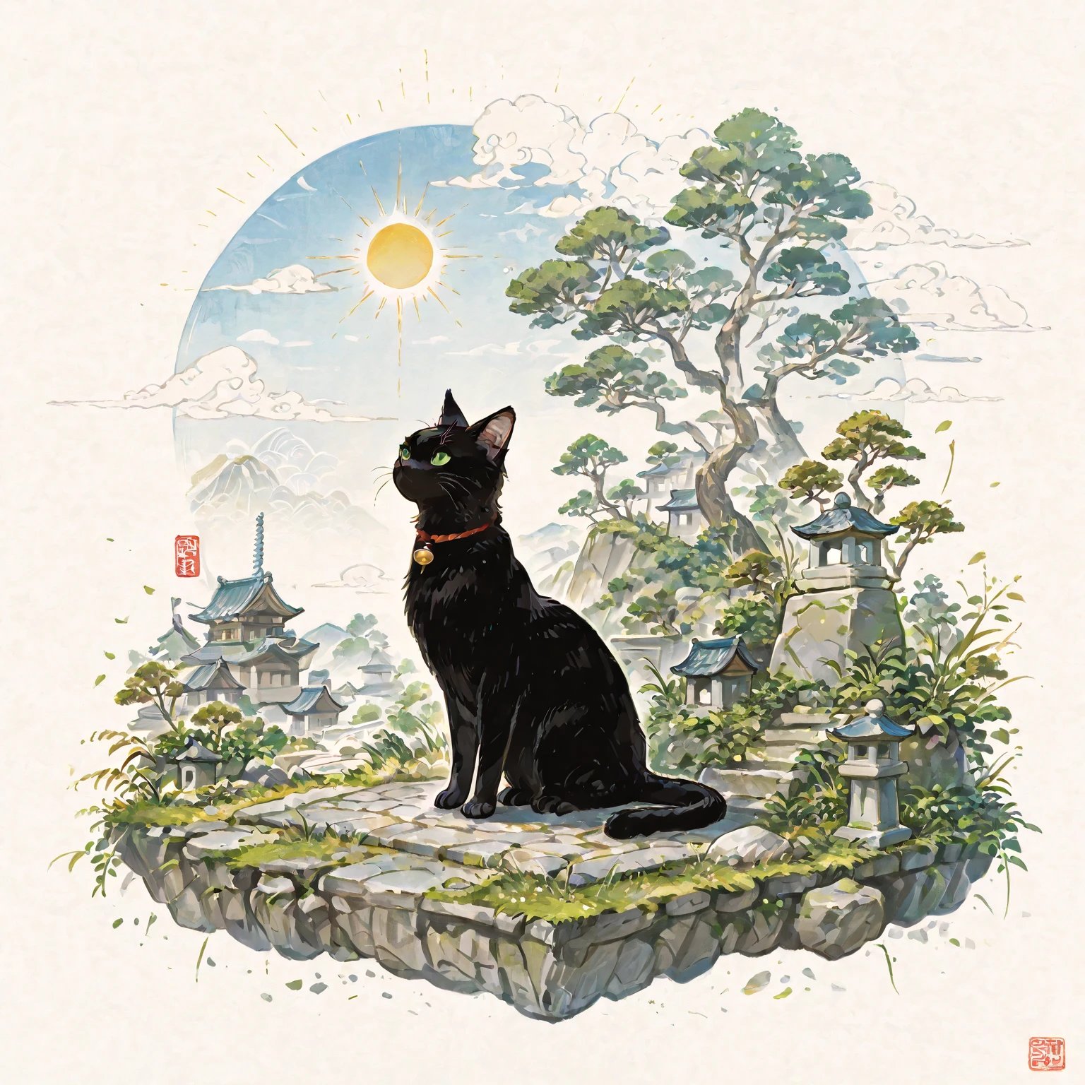 イラスト 原画 貴公子然とした表情 「気品ある黒猫」 黒猫と首輪