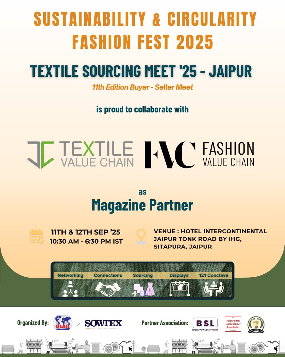 Connecting sustainability with fashion excellence 🌍✨ Join us at Textile Sourcing Meet ’25 in Jaipur!

#TextileSourcingMeet #Jaipur2025 #SustainabilityInFashion #CircularFashion #TextileValueChain #FashionValueChain #BuyerSellerMeet