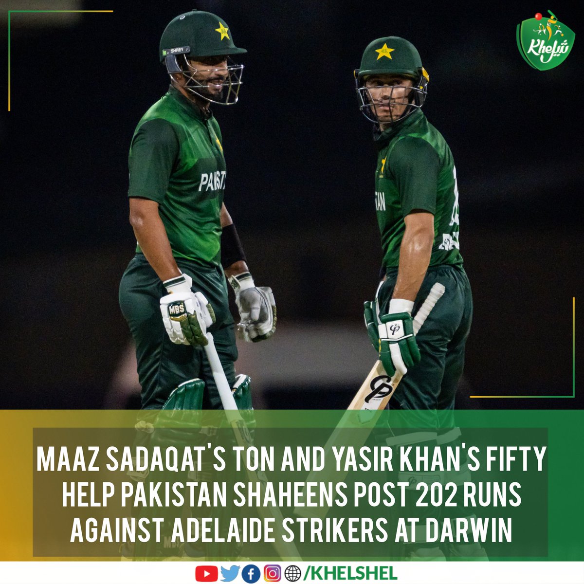 khelshel's tweet photo. Pakistan Shaheens needs to defend 202 runs against Adelaide Strikers in the #TopEndSeries at Darwin.

#Cricket | #Pakistan | #MaazSadaqat | #YasirKhan | #Darwin https://t.co/BuEskW2KHq