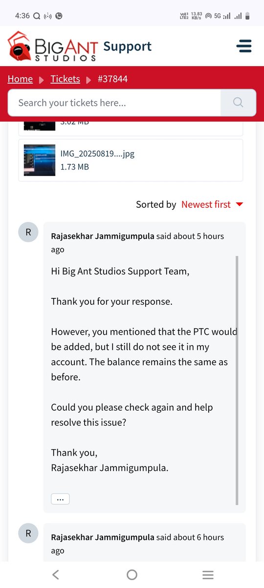 vbrj1729's tweet image. @BigAntStudios
I’ve reached out to support regarding my account issue, but it remains unresolved. The promised PTC still isn’t visible, and my balance hasn’t changed. Hoping you can help fix this soon. Please check the support ticket for details.
#Cricket24
#Support #GameHelp