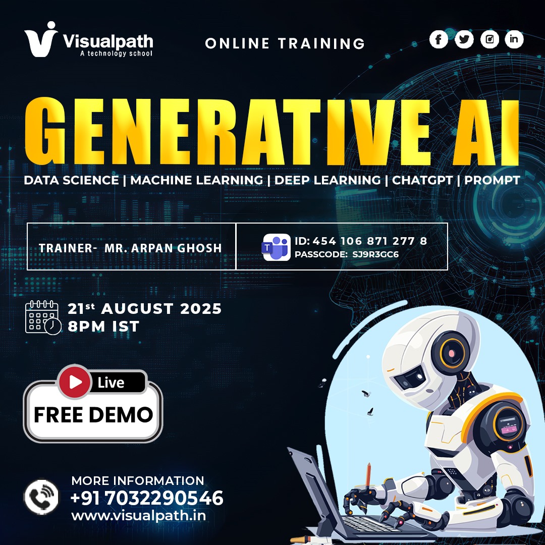 VisualpathPro's tweet image. 🚀 Free Live Demo Alert: Explore Generative AI!
📅 21st Aug 2025 | 🕗 8:00 PM IST
👨‍🏫 Trainer: Mr. Arpan Ghosh
🔗 Join Now: bit.ly/3UCpJ3m
🆔 ID: 454 106 871 277 8 | 🔑 Passcode: sJ9R3gc6
⚡ Limited Seats – Book Now!

#generativeai #freedemo #visualpath