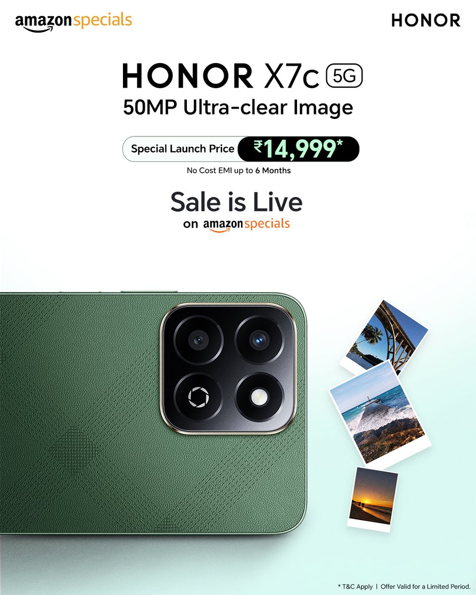 HiHonorIndia's tweet photo. Say cheese! 📸 Capture life in stunning detail with the HONOR X7C 5G's 50MP Ultra-clear camera. Your next perfect shot is waiting.
The sale is live! Grab this amazing deal before it's gone.
➡️ https://t.co/9Sst1vy1s6
#HONORX7c5G #50MPCamera #Amazonspecials https://t.co/vhUUHNnCZR