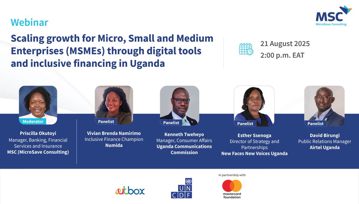 MSC (MicroSave Consulting) (@microsave) on Twitter photo What motivates #MSMEs led by youth & women in Uganda to adopt #digitaltools? What real business gains do they make after the adoption?
Register at tinyurl.com/54yxe42n & join <a href="/MicroSave/">MSC (MicroSave Consulting)</a>, <a href="/UNCDF/">UNCDF</a>, <a href="/OutboxHub/">Outbox</a>, <a href="/wituganda/">Women in Technology Uganda #WomenInSTEM</a>, & <a href="/refactory_acad/">Refactory Academy</a>, and <a href="/MastercardFdn/">Mastercard Foundation</a> as we unpack What motivates #MSMEs led by youth & women in Uganda to adopt #digitaltools? What real business gains do they make after the adoption?
Register at tinyurl.com/54yxe42n & join <a href="/MicroSave/">MSC (MicroSave Consulting)</a>, <a href="/UNCDF/">UNCDF</a>, <a href="/OutboxHub/">Outbox</a>, <a href="/wituganda/">Women in Technology Uganda #WomenInSTEM</a>, & <a href="/refactory_acad/">Refactory Academy</a>, and <a href="/MastercardFdn/">Mastercard Foundation</a> as we unpack