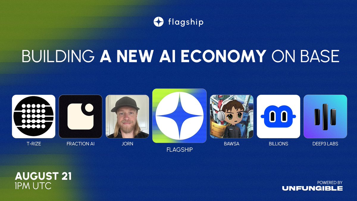 Flagship.FYI (@flagshipfyi) on Twitter photo BUILDING A NEW AI ECONOMY ON BASE
Join <a href="/JornvanFlagship/">Jorn | CEO Flagship.fyi</a> and leading builders as we dive into how AI is transforming Base and powering its new digital economy.
Plus - we’ve got a major surprise for everyone who tunes in. 👀
🗓 August 21
⏰ 1 PM UTC
Set your reminders ⬇️ BUILDING A NEW AI ECONOMY ON BASE
Join <a href="/JornvanFlagship/">Jorn | CEO Flagship.fyi</a> and leading builders as we dive into how AI is transforming Base and powering its new digital economy.
Plus - we’ve got a major surprise for everyone who tunes in. 👀
🗓 August 21
⏰ 1 PM UTC
Set your reminders ⬇️