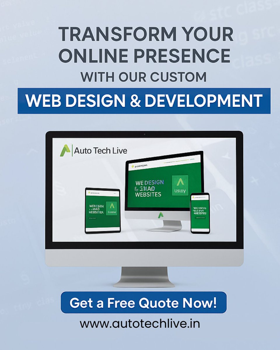 autotechlive's tweet image. 🌐 Transform your online presence with custom Web Design &amp;amp; Development tailored to your brand. 🚀 Let’s build websites that attract, engage &amp;amp; convert! Get your free quote 👉 autotechlive.in #WebDesign #WebDevelopment