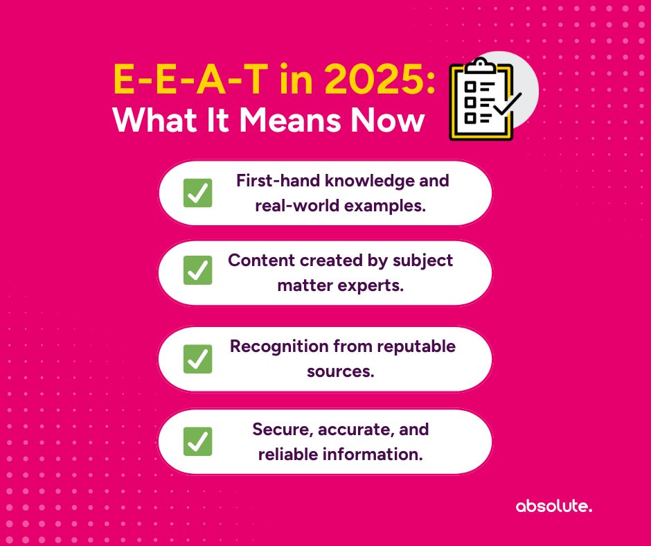 AbsoluteDMedia's tweet photo. E-E-A-T still matters in 2025. ๐
โ
Experience
โ
Expertise
โ
Authoritativeness
โ
Trustworthiness
Prove these on your site and Googleโs more likely to reward you.
#SEO #ContentMarketing #SearchStrategy #DigitalMarketing #EEAT https://t.co/f59AD5lmB3