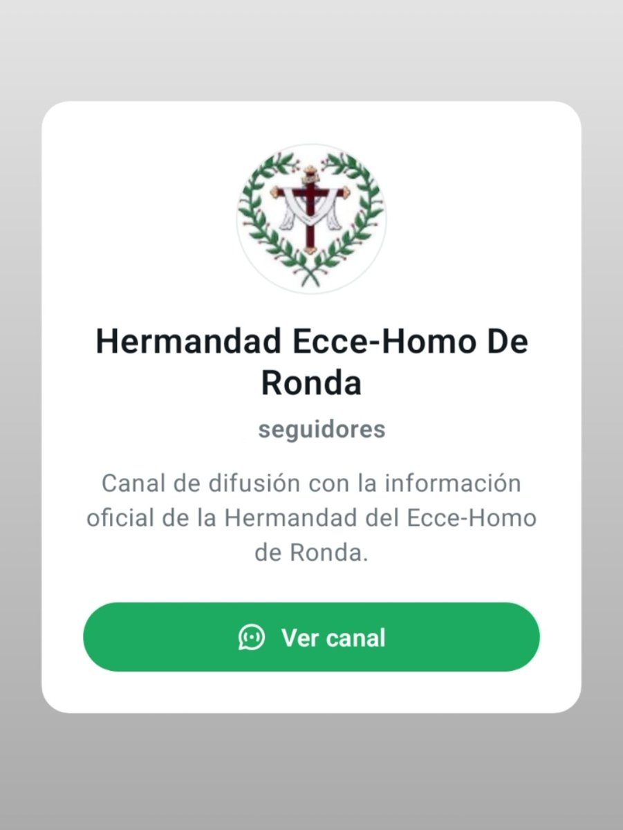La Hermandad del Ecce-Homo de Ronda estrena un nuevo canal de comunicación para que todos nuestros Hermanos y devotos puedan seguir por WhatsApp la actualidad de la corporación de una manera directa.

📲: ¡Únete mediante este enlace!: 
whatsapp.com/channel/0029Vb…

#EcceHomoRonda