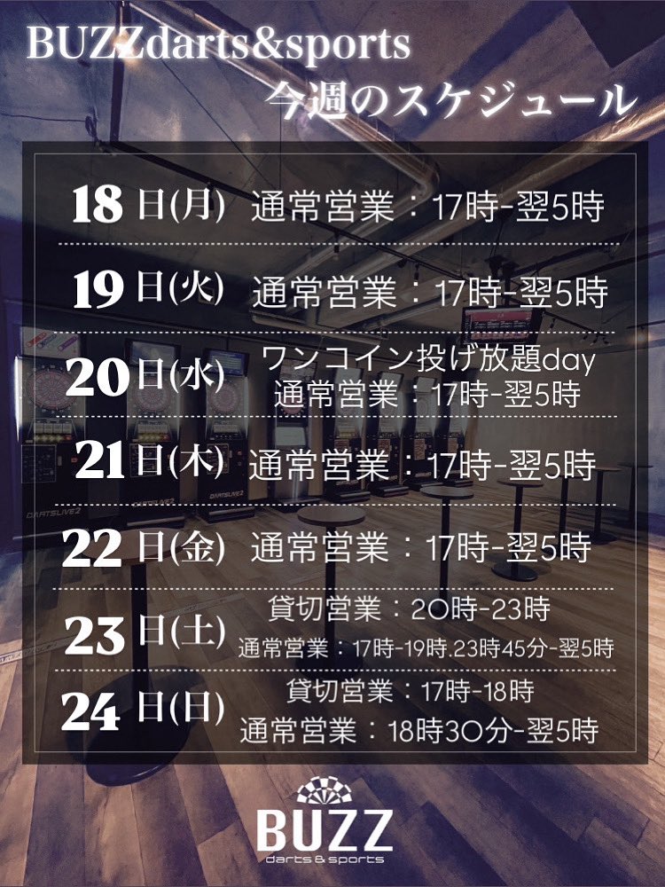 BuzzDarts's tweet image. こんばんわ！！
BUZZ船橋店です🎯

【8月18日-8月24日スケジュール】

週末貸切営業が多いので、スケジュールのご確認お願い致します🙇

水曜、日曜はワンコイン投げ放題実施中！！

沢山投げましょう🎯

TEL：047-405-9240

#funabashi#船橋#船橋駅#飲み放題#女子会#貸切#ダーツ#懇親会#歓送迎会