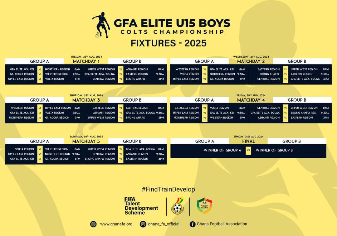 Our U15 Boys set for tough Group B at the GFA Elite Colts Championship 2025.

Fixtures:

26 Aug: vs Ashanti, 8:00 am

27 Aug: vs Eastern, 8:00am

28 Aug: vs Central, 3:00pm

30 Aug: vs GFA Elite Bolga, 8:00 am

 #FindTrainDevelop
#GFAEliteU15BoysColtsChampionship