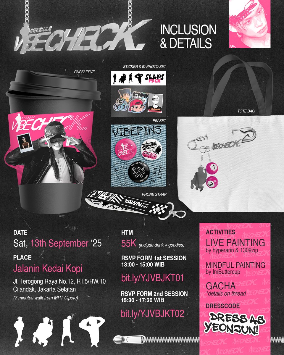 YJVIBECHECK JAKARTA🧢🫟
2025.09.13

SESI 1: bit.ly/YJVBJKT01
SESI 2: bit.ly/YJVBJKT02

LIVEPAINTING_MINDFULPAINTING_GACHA 🎱

#YeonjunVibeCheck
more details check thread! 

by <a href="/1309zip/">Y</a> <a href="/allaboutyeonjun/">NO LABELS. JUST YAWNZONE.</a> <a href="/hyperarin/">Arin🍭 NO LABELS</a>
