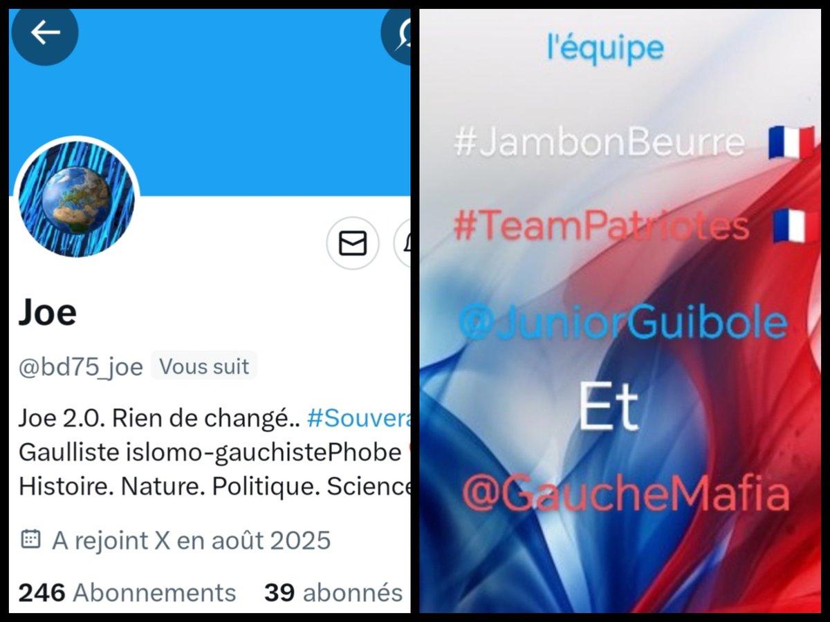 INFO🚨 Merci de partager !🚨
Mes amis abonnés😉
Ainsi que l'équipe #JambonBeurre #TeamPatriotes  🇨🇵 
Notre ami <a href="/bd75_joe/">Joe</a>  👍
Aurait besoin d'un petit coup de pouce pour grossir sa TL!🥳
Et ainsi lui donner plus de visibilité ! Merci de vous abonner à lui !🙏
Et n'oubliez pas!😉