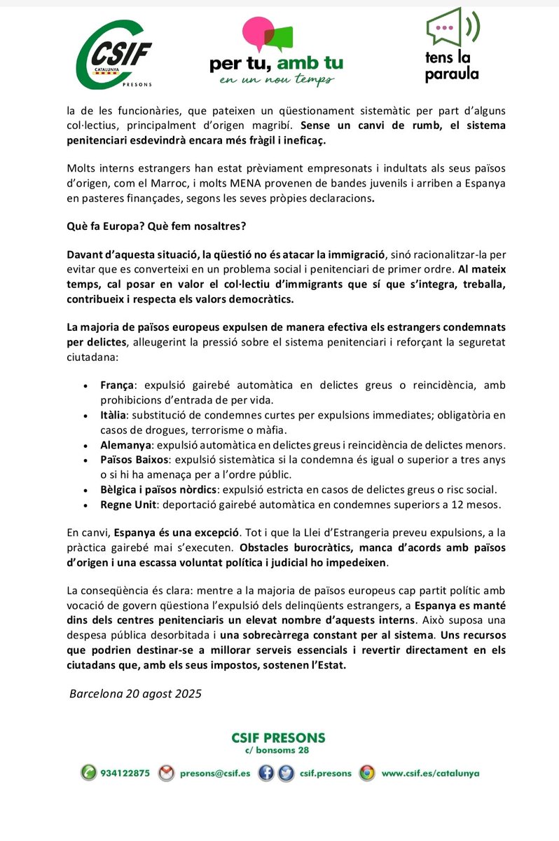 Joan Peramiquel Pons (@ea3j_joan) on Twitter photo 🚨 A Europa, els delinqüents estrangers són expulsats.
🇫🇷 França: expulsió automàtica
🇮🇹 Itàlia: immediata
🇩🇪 Alemanya: sistemàtica
🇬🇧 Regne Unit: +12 mesos = deportació
❌ Espanya i Catalunya, l’excepció: la llei ho permet, però quasi mai s’executa per manca de voluntat 🚨 A Europa, els delinqüents estrangers són expulsats.
🇫🇷 França: expulsió automàtica
🇮🇹 Itàlia: immediata
🇩🇪 Alemanya: sistemàtica
🇬🇧 Regne Unit: +12 mesos = deportació
❌ Espanya i Catalunya, l’excepció: la llei ho permet, però quasi mai s’executa per manca de voluntat