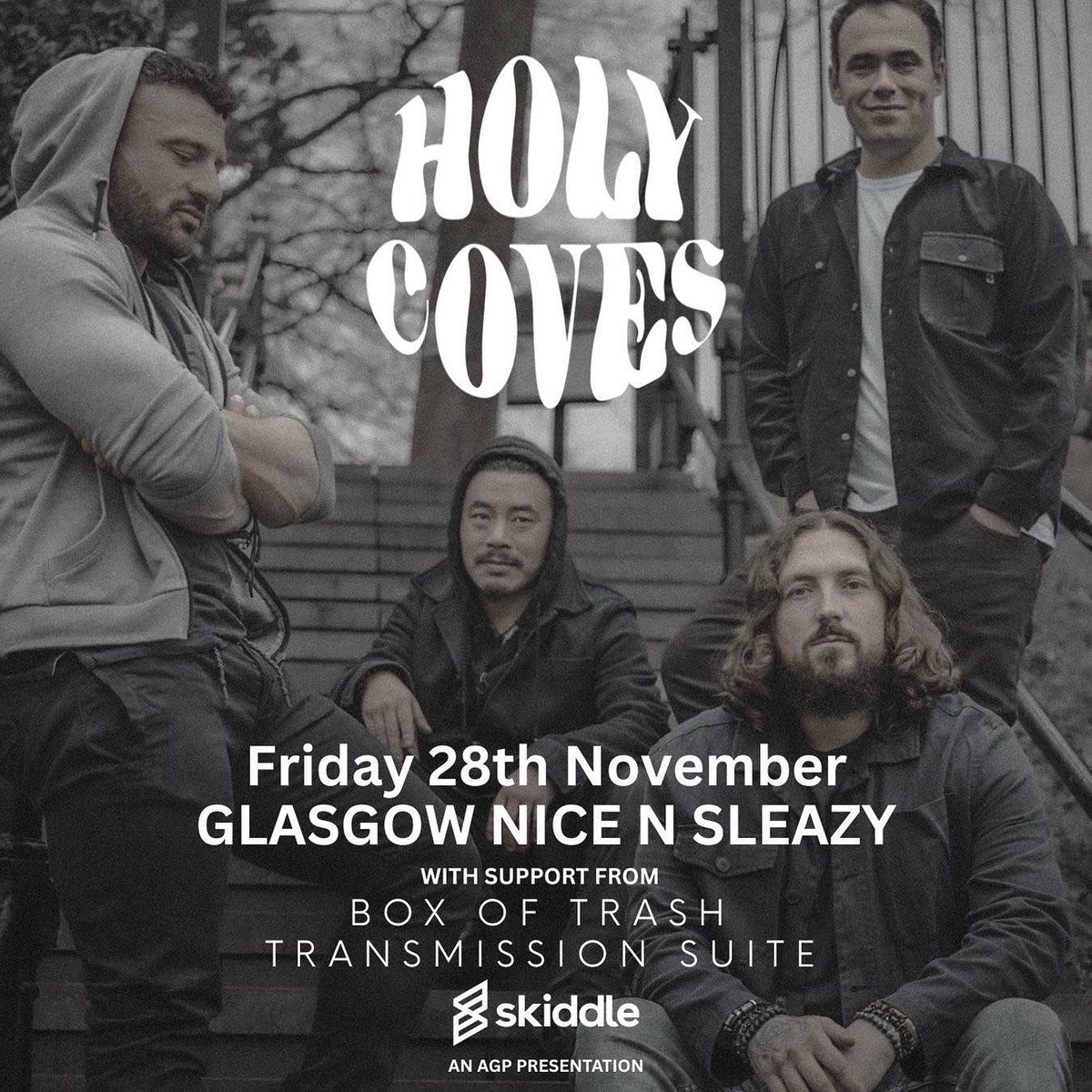 AGP Gigs (@agpaberdeen) on Twitter photo Welsh rock band <a href="/HolyCovesBand/">Holy Coves</a> play Glasgow on Friday 28th November at Nice N Sleazy. Support from Box Of Trash & Transmission Suite.
Tickets >> skiddle.com/e/40876668 Welsh rock band <a href="/HolyCovesBand/">Holy Coves</a> play Glasgow on Friday 28th November at Nice N Sleazy. Support from Box Of Trash & Transmission Suite.
Tickets >> skiddle.com/e/40876668
