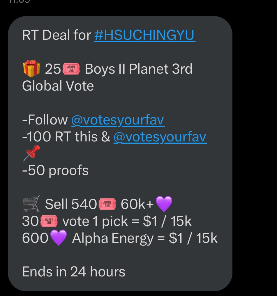 HSU CHINGYU INDONESIA 🇮🇩 (@hsuchingyu_ina) on Twitter photo RT Deal for #HSUCHINGYU
🎁 25🎟️ Boys II Planet 3rd Global Vote
-Follow <a href="/votesyourfav/">Vote ~ Cek Getcontact GTC Premium</a>
-100 RT this & <a href="/votesyourfav/">Vote ~ Cek Getcontact GTC Premium</a> 📌
-50 proofs
🛒 Sell 540🎟 60k+💜
30🎟 vote 1 pick = $1 / 15k
600💜 Alpha Energy = $1 / 15k
Ends in 24 hours
#쉬칭위 #許謦宇 #BOYS2PLANET #보이즈2플래닛 RT Deal for #HSUCHINGYU
🎁 25🎟️ Boys II Planet 3rd Global Vote
-Follow <a href="/votesyourfav/">Vote ~ Cek Getcontact GTC Premium</a>
-100 RT this & <a href="/votesyourfav/">Vote ~ Cek Getcontact GTC Premium</a> 📌
-50 proofs
🛒 Sell 540🎟 60k+💜
30🎟 vote 1 pick = $1 / 15k
600💜 Alpha Energy = $1 / 15k
Ends in 24 hours
#쉬칭위 #許謦宇 #BOYS2PLANET #보이즈2플래닛
