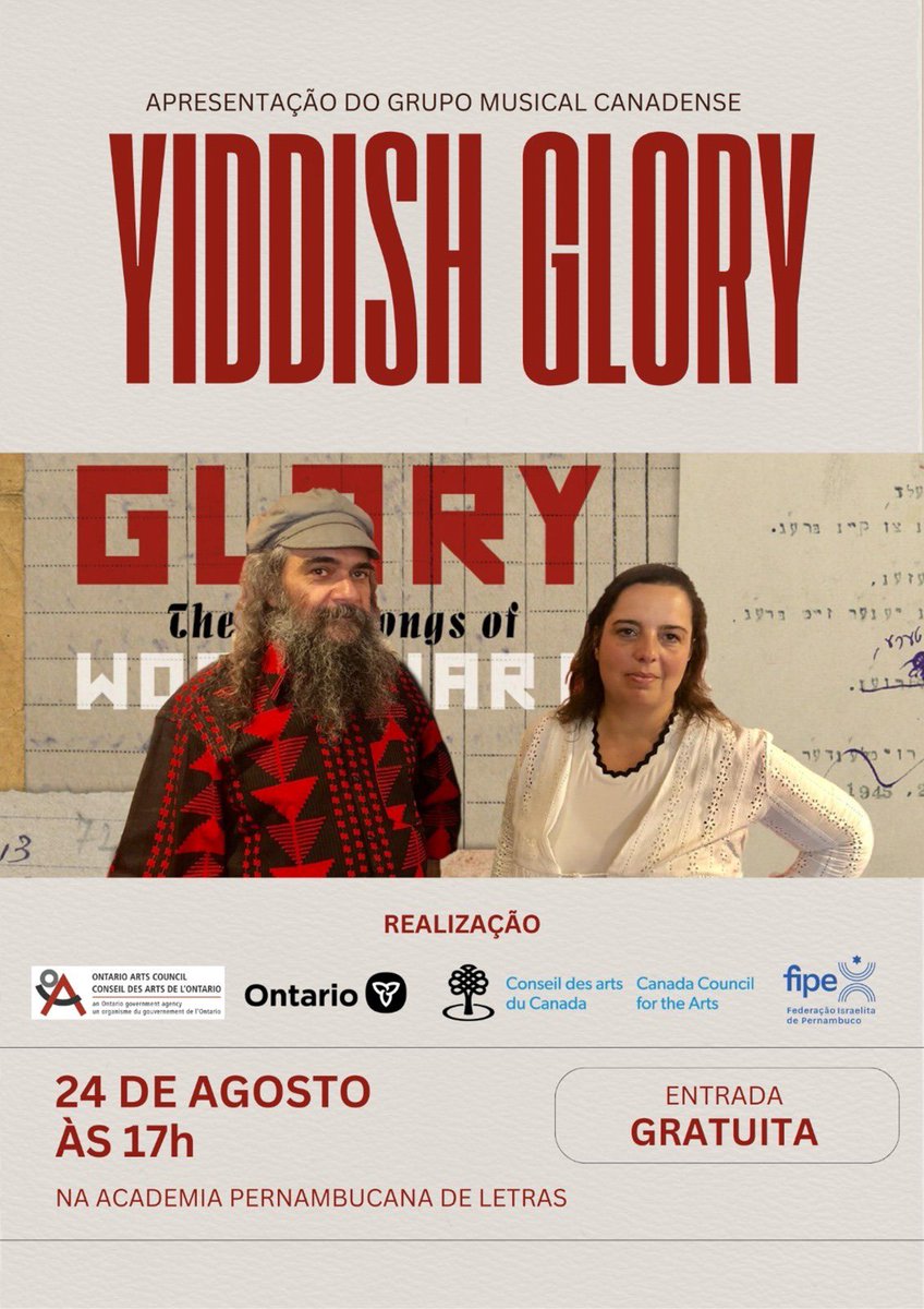 🎶 Yiddish Glory au Brésil !
📍Rio de Janeiro
21 août | 20h
Auditorium de l’ASA – Rua São Clemente, 155 (entrée arrière)
Billets : 40 R$ (plein tarif) | 20 R$ (tarif réduit)
📍Recife
24 août |17h
Academia Pernambucana de Letras – Avenida Rui Barbosa, 1596, Graças
Entrée gratuite