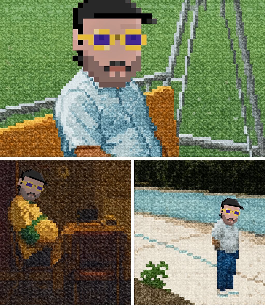 Pixel art collage of Maurice waiting in different scenes for his Solana Seeker