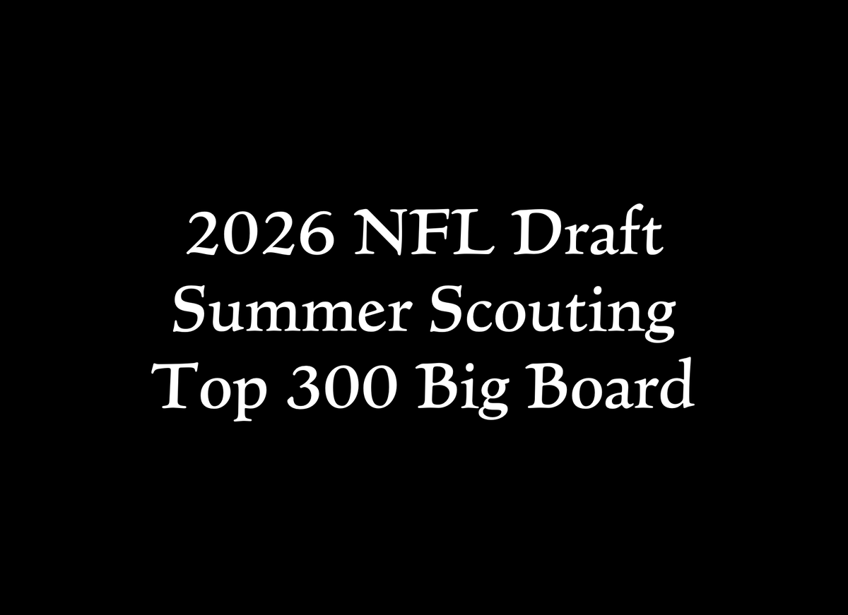 Sam_Teets33's tweet image. My final big board for 2026 NFL Draft summer scouting is live. The rankings cover 300 prospects. I'll update it with another 40 names by the end of college football's first month back. #NFLDraft #NFLDraft2026 #2026NFLDraft @_mockdrafts
Read: sportstalk.substack.com/p/nfl-draft-20…