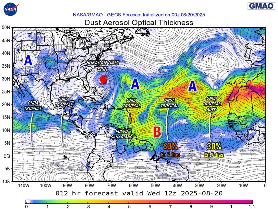 #20Ago Onda tropical sobre el oriente de Venezuela con poca nubosidad asociada, motivado a la presencia de una capa de polvo del Sahara, la cual limita la formación generalizada de nubes de evolución. Las principales lluvias que se pudieran generar hoy serán de manera aislada y
