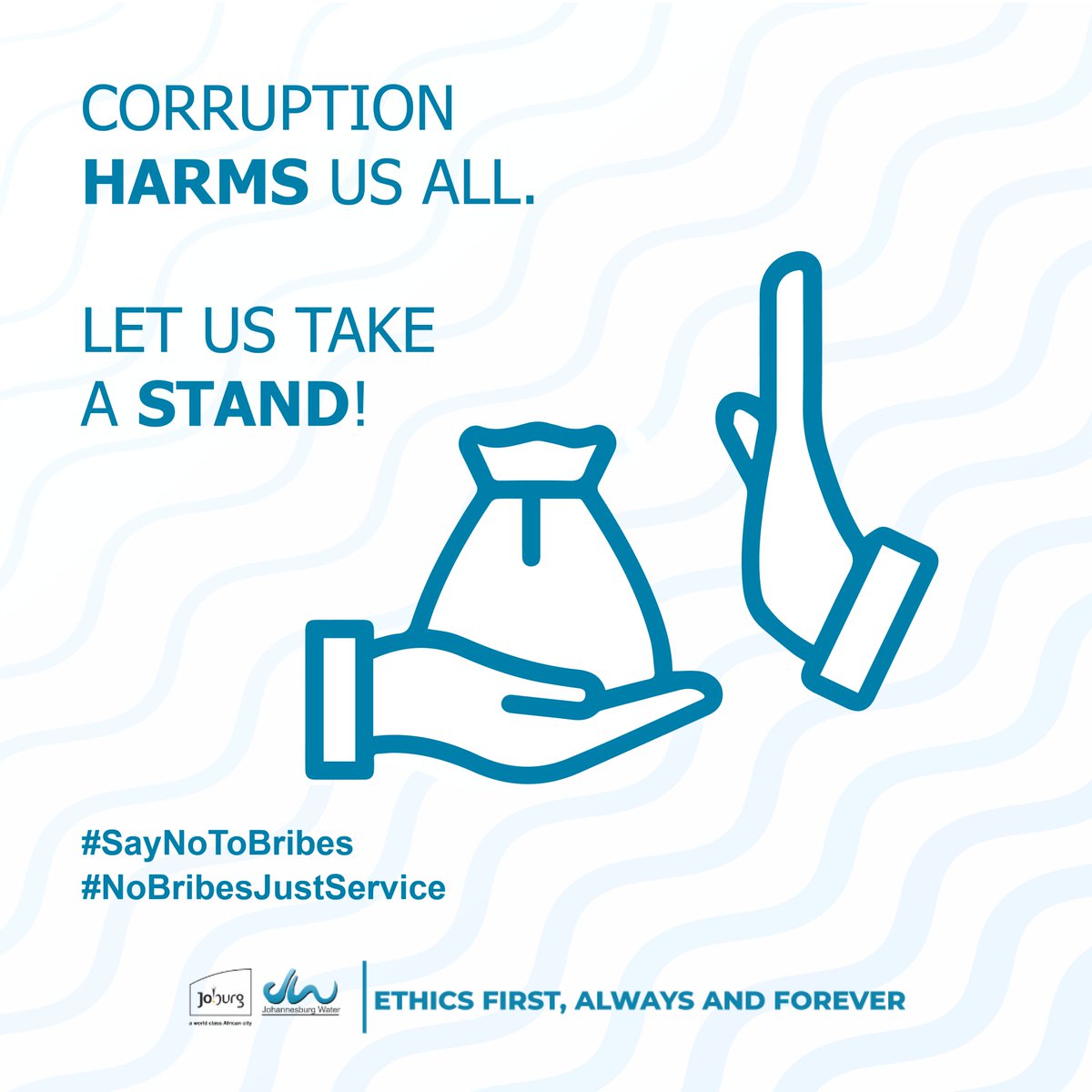 JHBWater's tweet photo. A bribe today costs trust tomorrow. Keep it clean, never give in to bribery.
Let’s keep Johannesburg Water services fair and corruption-free.
Report bribery today:
📞 080 0002 587
📧 anticorruption@tip-offs.com
#NoBribesJustService #SayNoToBribes https://t.co/cppYskaNgz