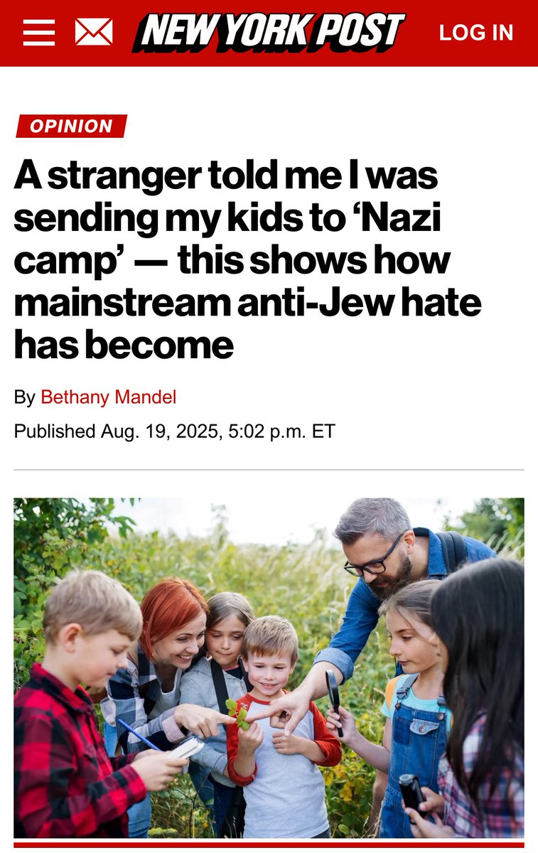 Bethany S. Mandel (@bethanyshondark) on Twitter photo I sent my kids to Jewish camp. A stranger told me I was sending them to a “Nazi camp.” This is how mainstream anti-Jewish hate has become.
Me for <a href="/nypost/">New York Post</a> 🔗 nypost.com/2025/08/19/opi… I sent my kids to Jewish camp. A stranger told me I was sending them to a “Nazi camp.” This is how mainstream anti-Jewish hate has become.
Me for <a href="/nypost/">New York Post</a> 🔗 nypost.com/2025/08/19/opi…
