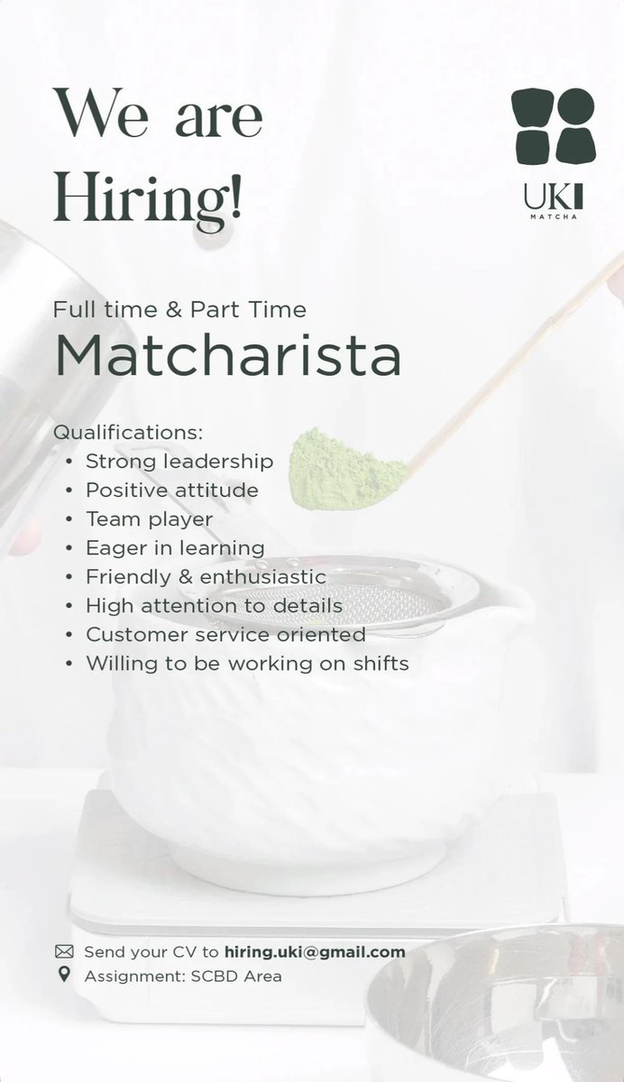 keroropanda's tweet photo. Siapa yang suka Matcha? 🍵 

Uki Matcha lg buka posisi Matcharista &amp; Operational Management Officer nih.

Lokasi penempatan ada di masing-masing poster ya! Cusss lamar~ https://t.co/QaLkYwGeym