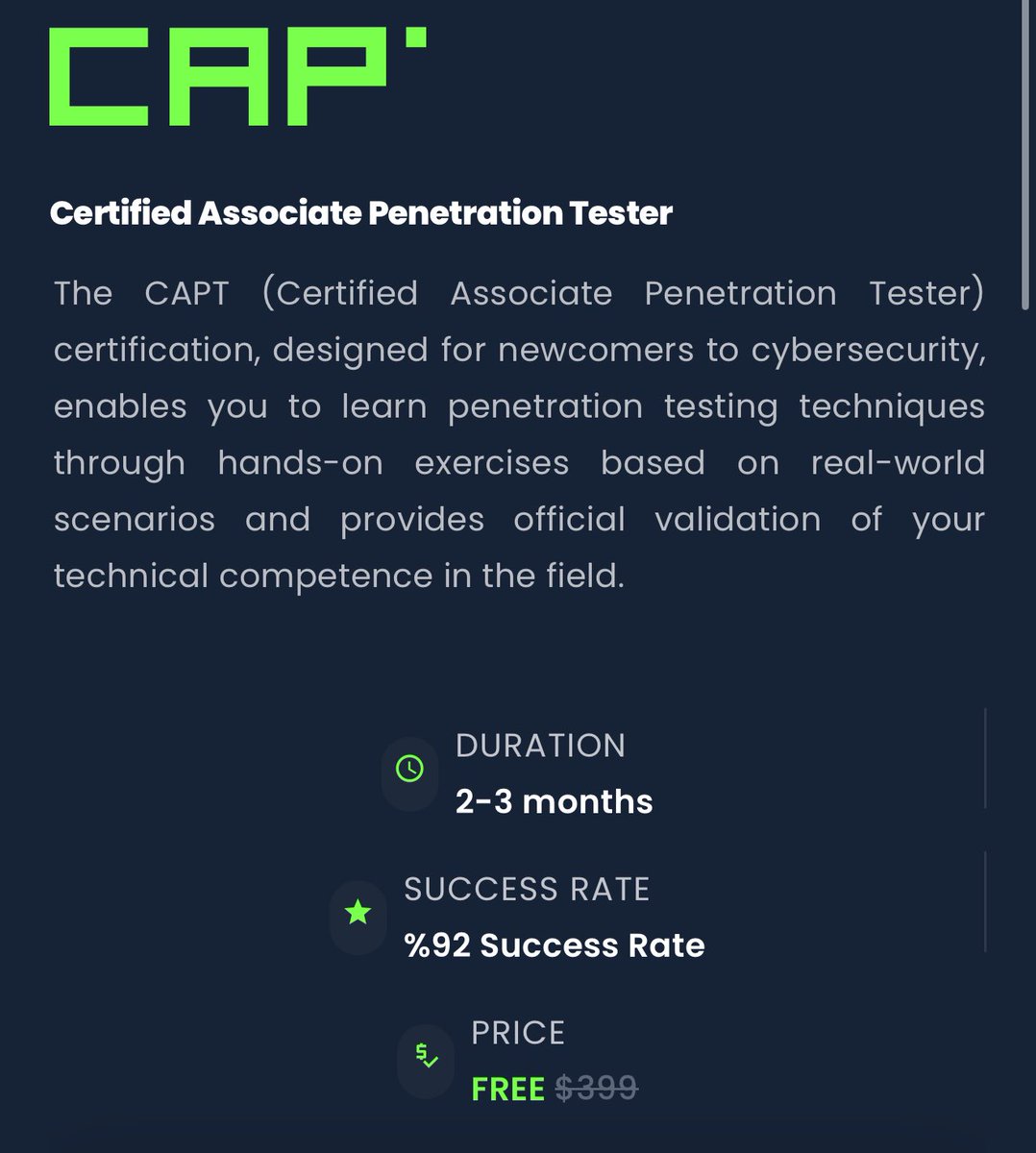 المهتمين بمجال الأمن السيبراني وتحديدًا إختبار الإختراق 👾

🏆شهادة Certified Associate Penetration Tester المقدمة من HackViser 
💸 واللي كانت بقيمة 400$ صارت مجانًا

⚠️مخصصة لمستوى مبتدئ

لا تفوتون الفرصة، للتسجيل:
app.hackviser.com/certifications…