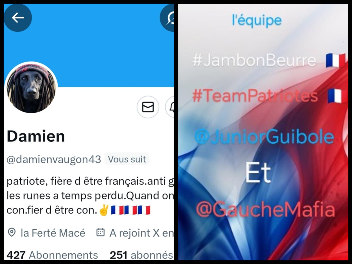 INFO🚨 Merci de partager !🚨
Mes amis abonnés😉
Ainsi que l'équipe #JambonBeurre #TeamPatriotes  🇨🇵 
Notre ami <a href="/damienvaugon43/">Damien</a>   👍
Aurait besoin d'un petit coup de pouce pour grossir sa TL!🥳
Et ainsi lui donner plus de visibilité ! Merci de vous abonner à lui !🙏
Et n'oubliez