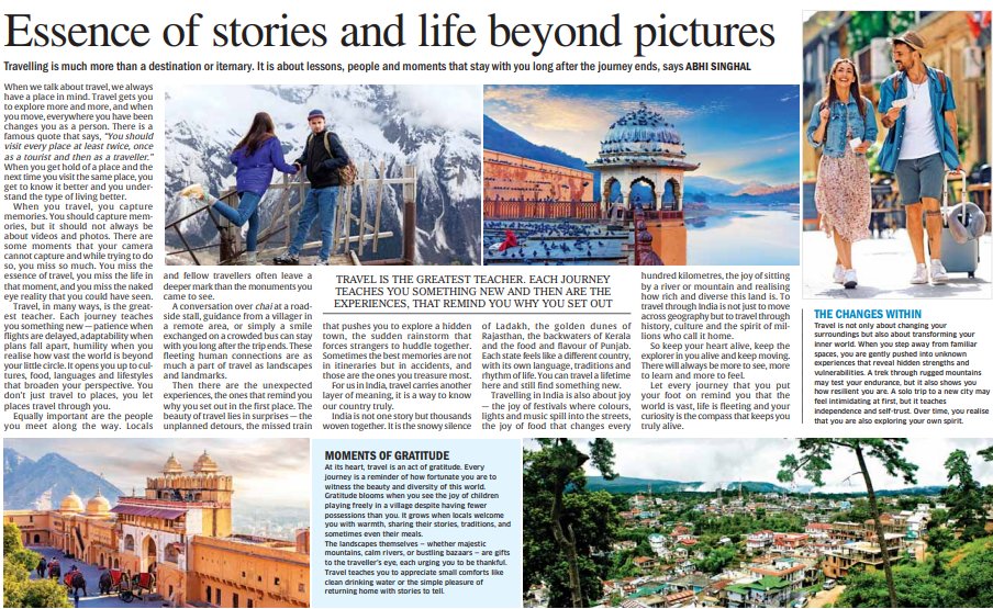 TheDailyPioneer's tweet photo. Travelling is much more than a destination or iternary. It is about lessons, people and moments that stay with you long after the journey ends...
Read More ๐
https://t.co/oVMLFLHcUR
#traveldiaries | #BeyondDestinations | #JourneyOfLife
Writes: @journalistabhis https://t.co/ymw0rQGvsR