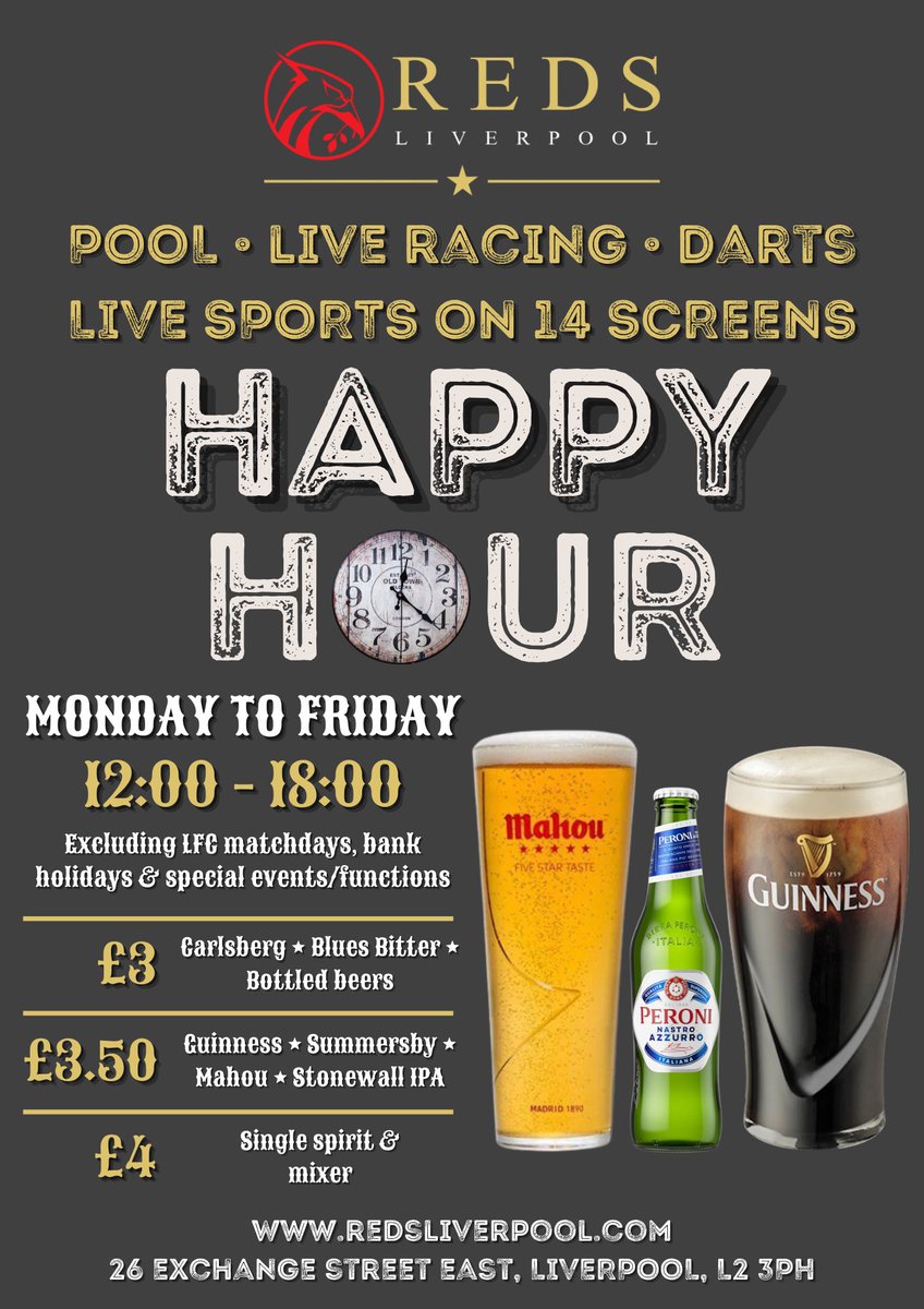 It’s Day 1 of the Ebor festival and also day 1 of our new happy hour.

Come down and enjoy a £3 pint all day every weekday until 6.00pm.

We’ve got all the racing live along with plenty of other sport and Celtic in champions league action tonight