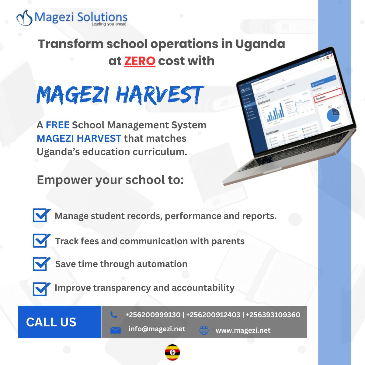 📚 Transform Your School for #FREE with Magezi Harvest!

Heads of Schools &amp; Parents – the future of Ugandan education is here!

Help your schools go digital effortlessly wtih our School Management System — Magezi Harvest!

✅ Track student performance

✅ Manage fees, reports &amp;