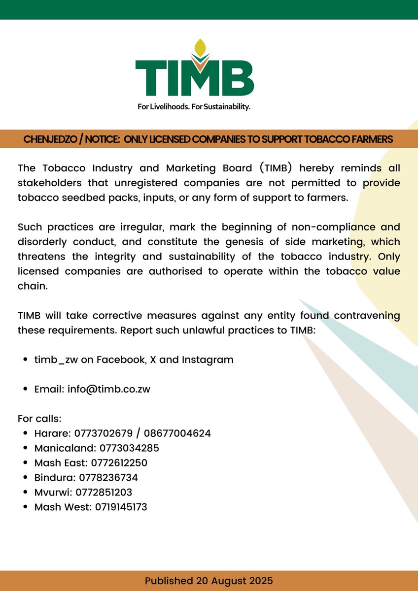 timb_zw's tweet photo. ⚠️Compliance Reminder: Only licensed companies are permitted to provide tobacco seedbed packs, inputs, or support to farmers.

#tobacco #farming #season #sustainability #innovations #rural #transformation #rurallife #empowerment #business #future #transformation #GoldenLeaf #tobacco #marketing #farming #agriculture #sustainability #NewsUpdate #ESG #targets #viralpost2025シ #trendingnow #success #earnings #tips #values #facebookviral