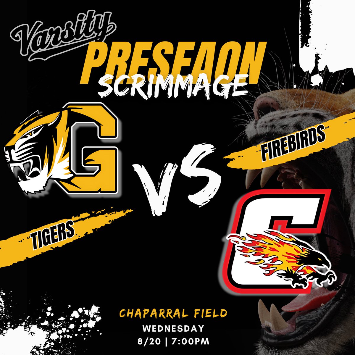 GHSTIGERSAZ's tweet photo. ‼️TODAY‼️ 

📅 Wednesday, Aug 20 – 7PM
🏈 Varsity Football Scrimmage
Gilbert HS vs Chaparral HS
📍 Chaparral HS Stadium, Scottsdale, AZ

#GilbertTigersFootball #ChooseElite https://t.co/O13s0pkVHo