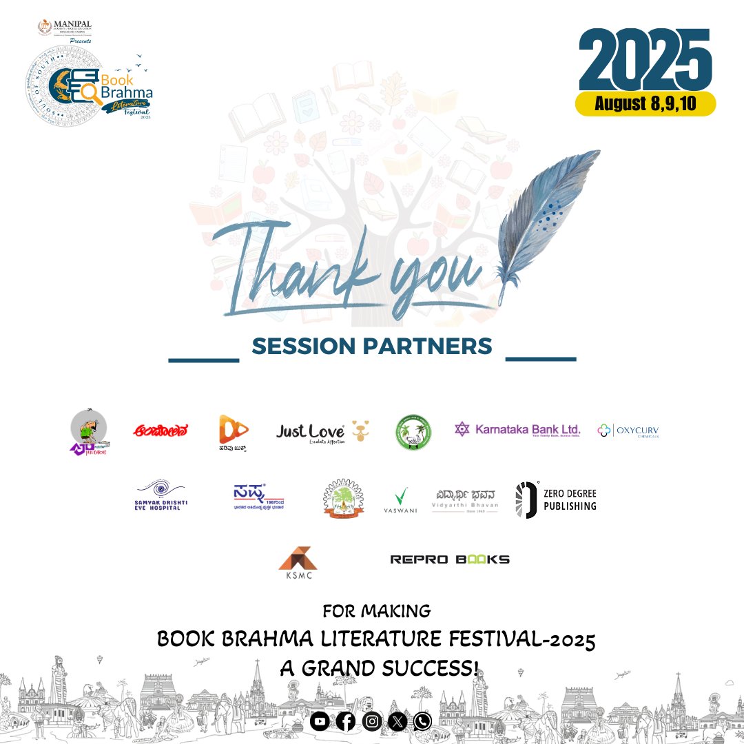 ✨ A heartfelt thank you to our amazing Session Partners for their invaluable support in making the Book Brahma Literature Festival 2025 a grand success! 🙏📚
.
.
#BBLF2025 #BookBrahma #LiteratureFestival #SapthakBangalore #PerformancePartner #ThankYou #GrandSuccess #MAHE