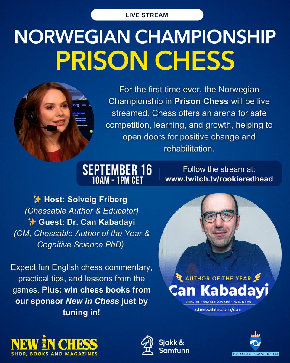 RookieRedhead's tweet image. For the first time ever, the Norwegian Prison Chess Championship will be live streamed! ❤️
I’ve been working to make this happen because I truly believe in the power of chess as a tool for learning, growth, and personal development. The inmates playing today are our neighbours…