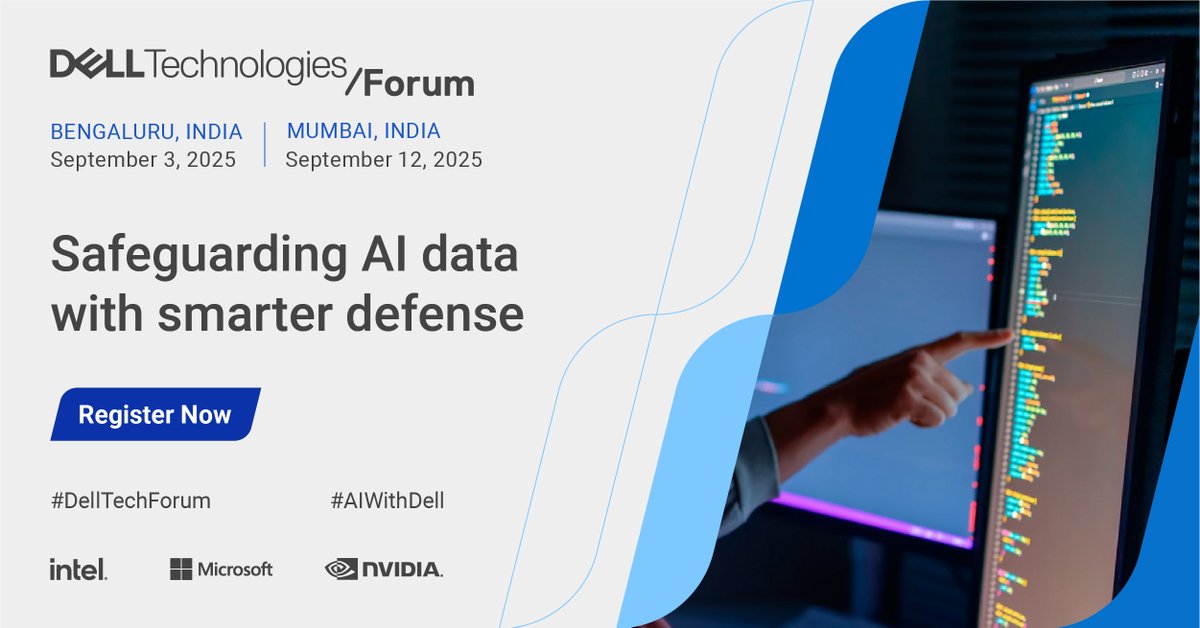 Dell_IN's tweet photo. Discover how to protect AI workloads from modern cyber threats
with #PowerProtect.
From anomaly detection to recovery, learn what cyber resilience really means.
Join us at #DellTechForum:
Bengaluru: https://t.co/rOQxrIRxMf
Mumbai: https://t.co/nKJqKkLxUD
#AIWithDell https://t.co/Xb7wMW1UP1
