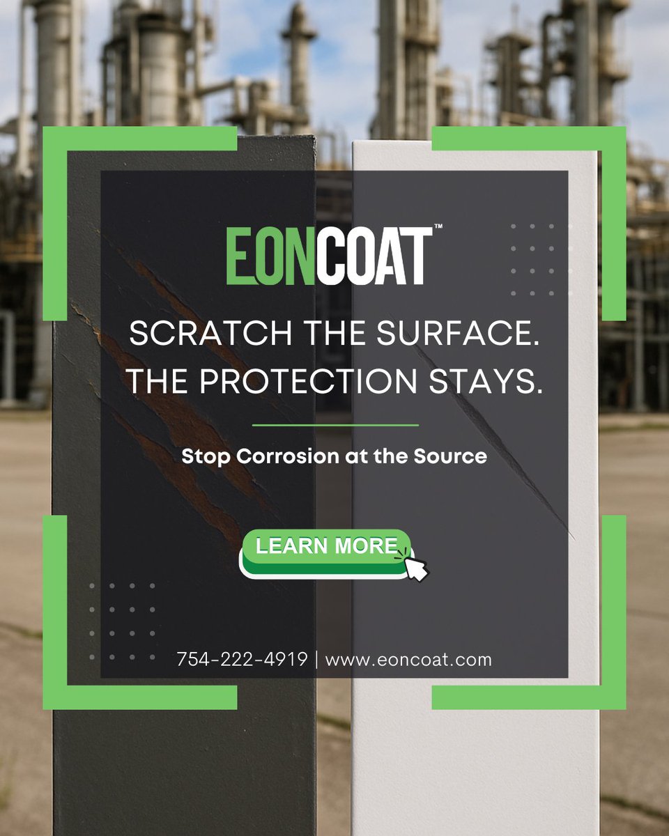 EonCoat's tweet image. Barrier coatings fail when scratched.

EonCoat bonds chemically with steel, creating an alloy + ceramic system that keeps protecting—even when damaged.
#EonCoat #CorrosionControl #SteelProtection