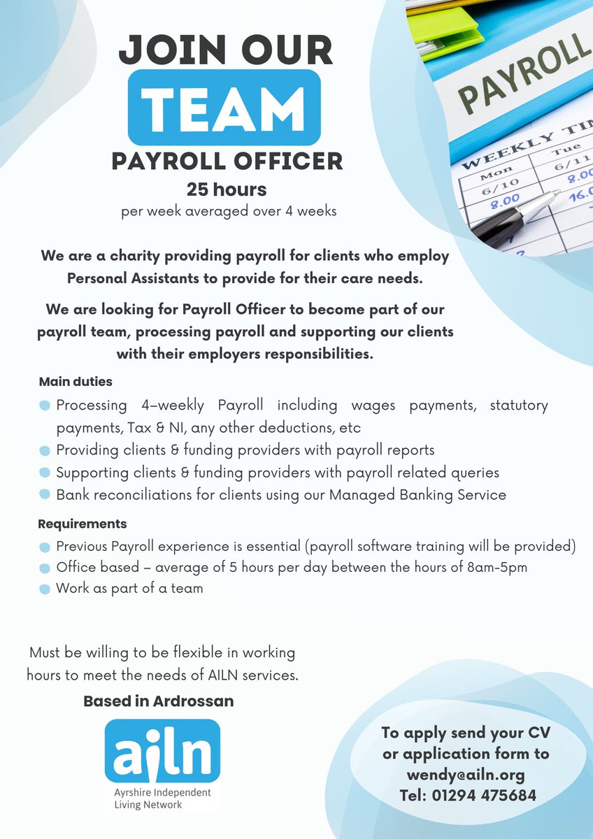 📢 We’re hiring!
 
Payroll Officer – 25 hrs/wk

Based in Ardrossan | Flexible working | Charity role

👉 Apply now: wendy@ailn.org
☎ 01294 475684

<a href="/CEISAyrshire/">CEISAyrshire</a> <a href="/NAHSCP/">North Ayrshire HSCP</a> <a href="/eahscp/">East Ayrshire HSCP</a> <a href="/sahscp/">South Ayrshire Health and Social Care Partnership</a> <a href="/skillsdevscot/">Skills Development Scotland</a> <a href="/VASouthAyrshire/">VASA</a> <a href="/TAyrshireCT/">TACT</a>  #AyrshireJobs #Payroll