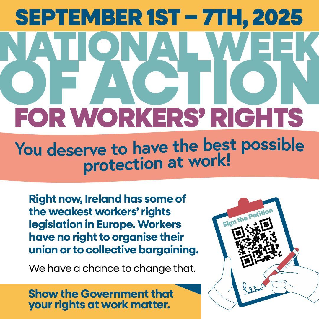 You deserve the best possible protection at work. 

Right now, the Government is writing a new plan on workers’ rights. It needs to deliver real change for workers. 

You can help. Sign the petition. Tell the Government your rights at work matter. 

Respectatwork.ie