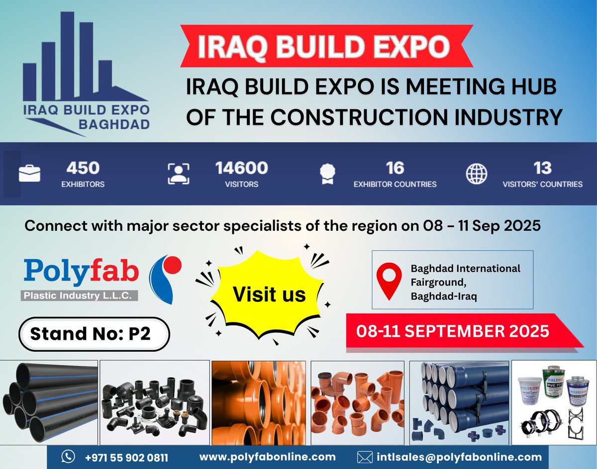 polyfabonline's tweet photo. #IRAQBUILDEXPO #Polyfab
Iraq build Expo is meeting hub of the construction industry!
connect with major sector specialist of the region on 08-11 September 2025
Stand No:P2, at Baghdad International Fairground, Baghdad, Iraq. https://t.co/ziddPoGehN