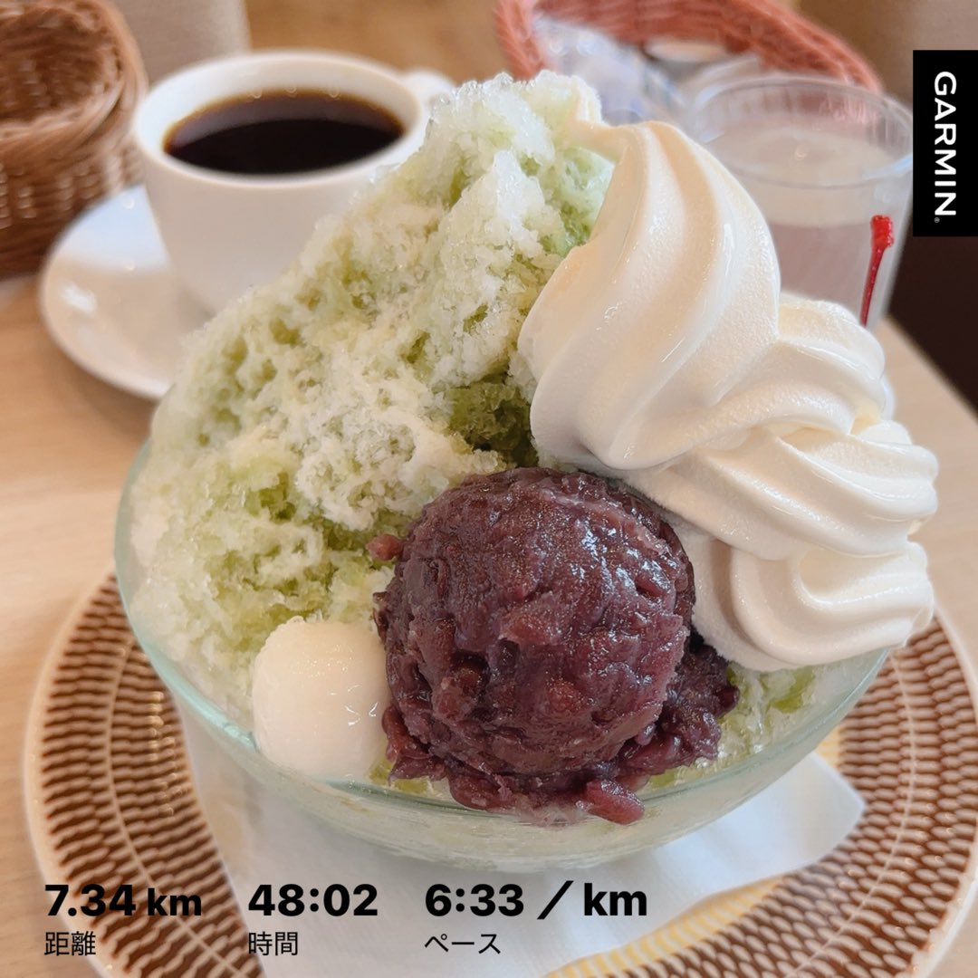 昨日 朝ラン☀️6km
今日 夜ラン🌙7km

最近週1ランくらいの頻度で、そうすると毎回

久しぶりでしんどいぃ！

ってなるので、せめて週2ランを目指して走りたい〜
と思いつつ、猛暑のうちは無理しません😇

最近の喫茶店かき氷はボリューム凄い🍧