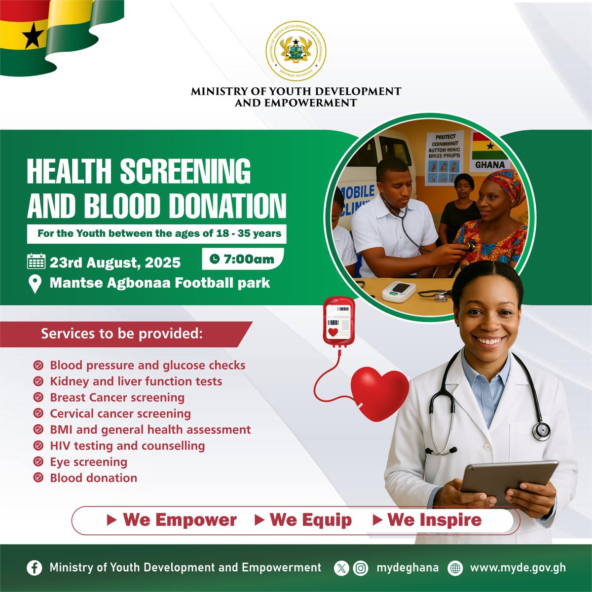 Join the Ministry of Youth Development &amp; Empowerment  in celebrating Youth Month with free health screenings and a blood donation drive because a healthier youth means a stronger future. #YouthMonth #YouthPower #YouthHealth